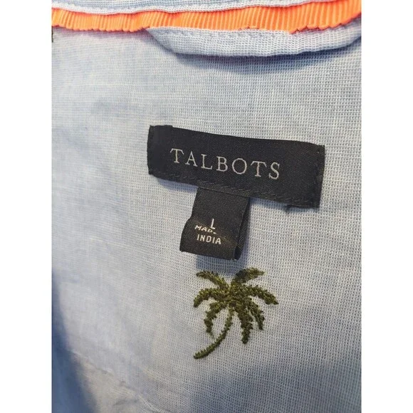 Talbots 100% Cotton Blue Embroidered Palm Trees Long Sleeve Button-Up Shirt Sz L - Picture 4 of 6